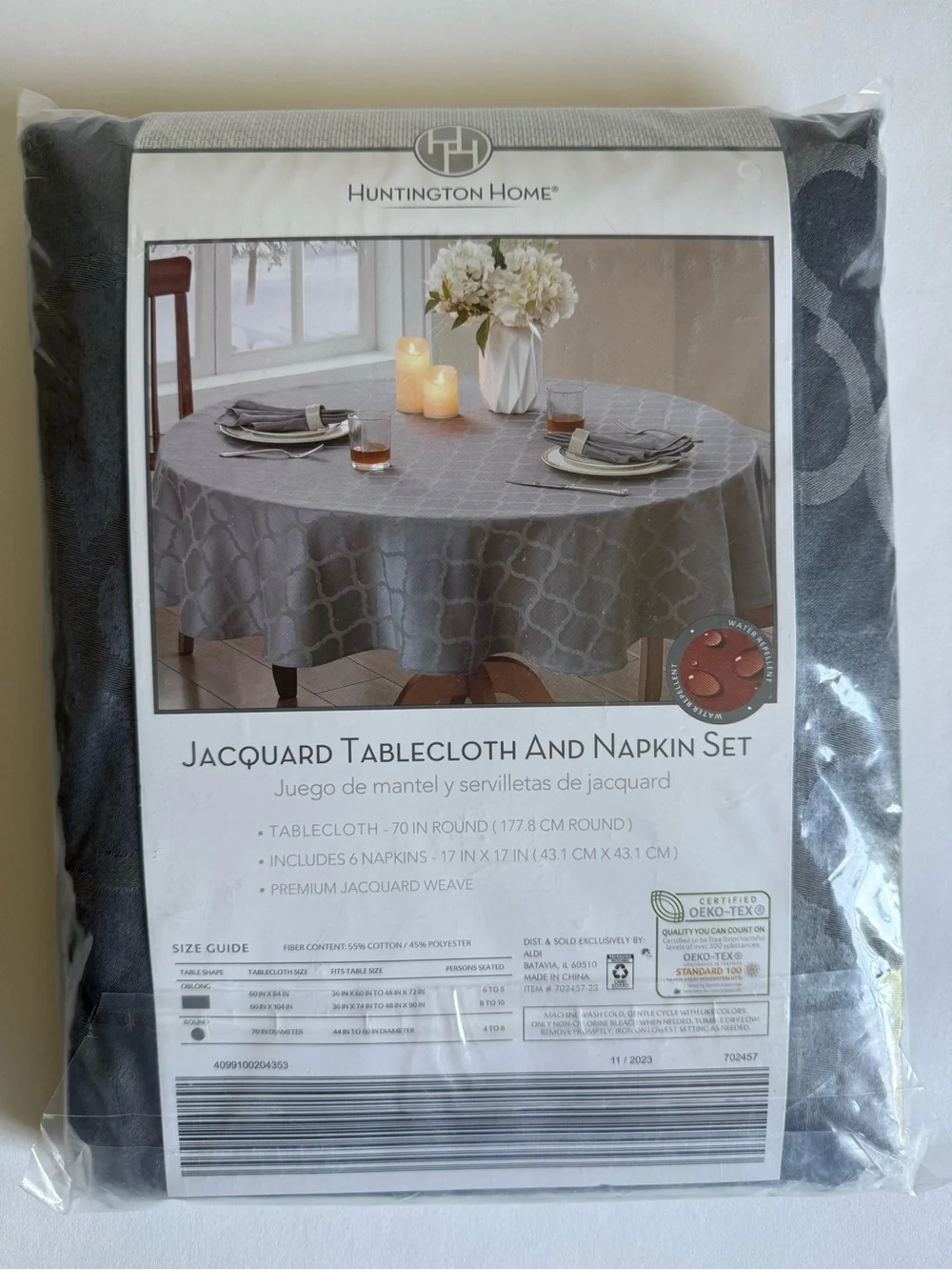 Huntington Home Gray Jacquard 70” Tablecloth & 6 Napkin Set Modern Farmhouse NIP